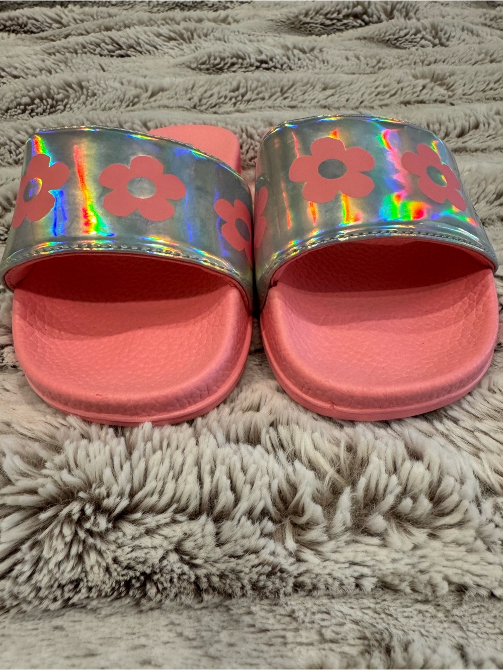 Old Navy Little Girls Pink Holographic Flower Slide Sandals Size 10-11